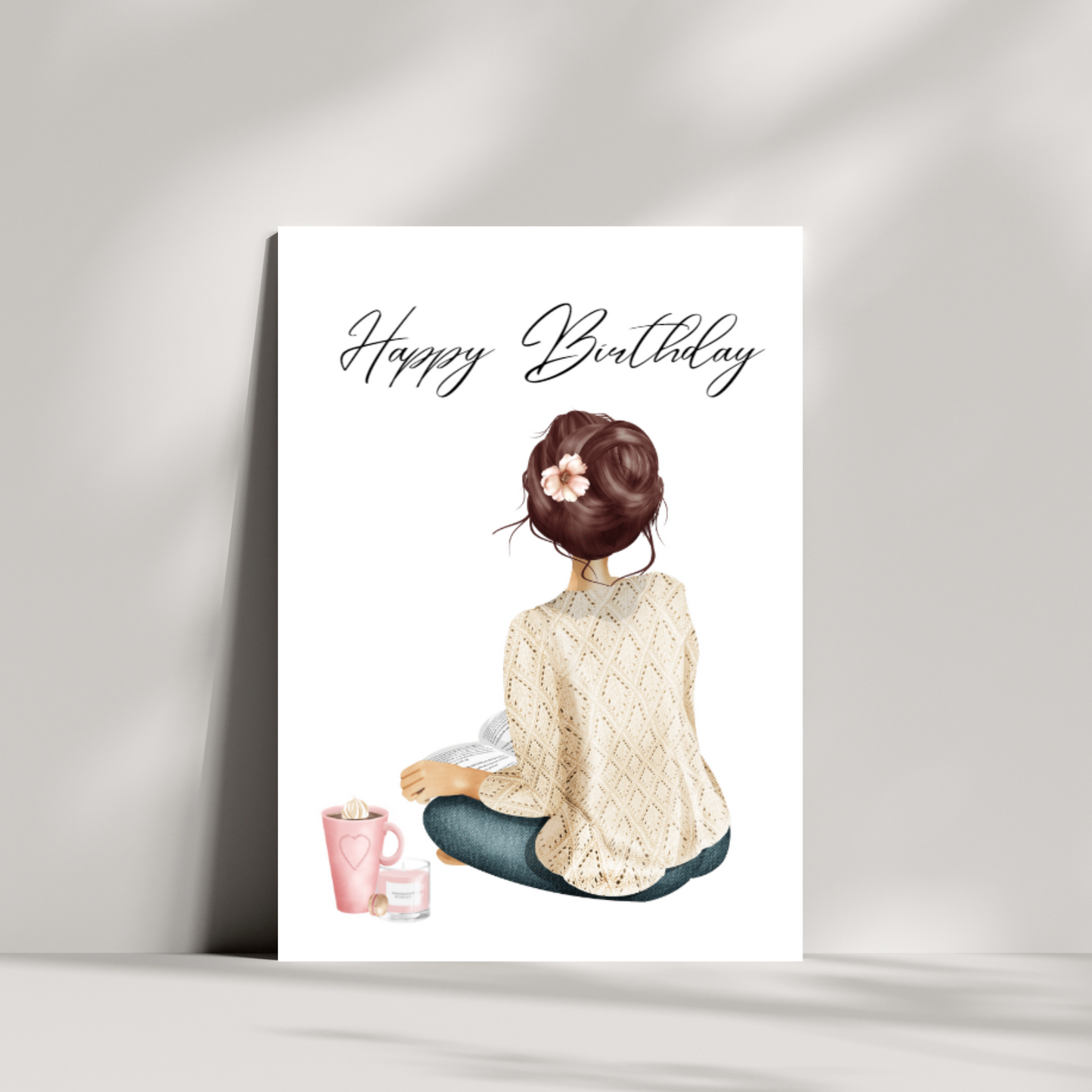 Girl, book, hot chocolate and candle birthday card