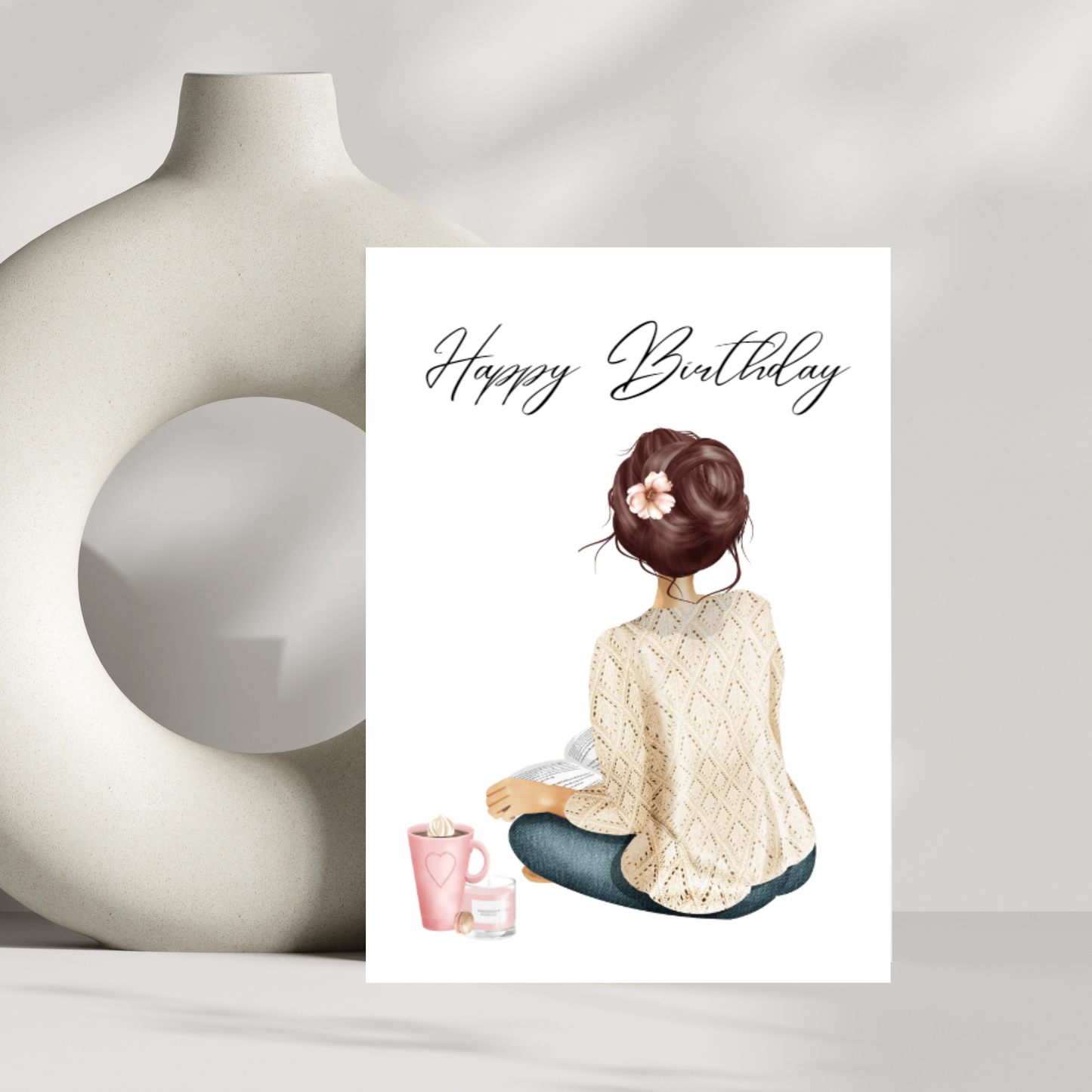 Girl, book, hot chocolate and candle birthday card
