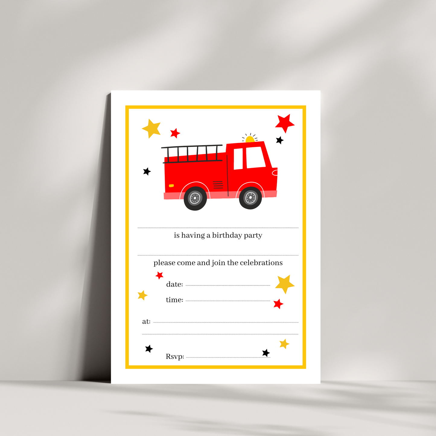 Kids fire engine party invitations