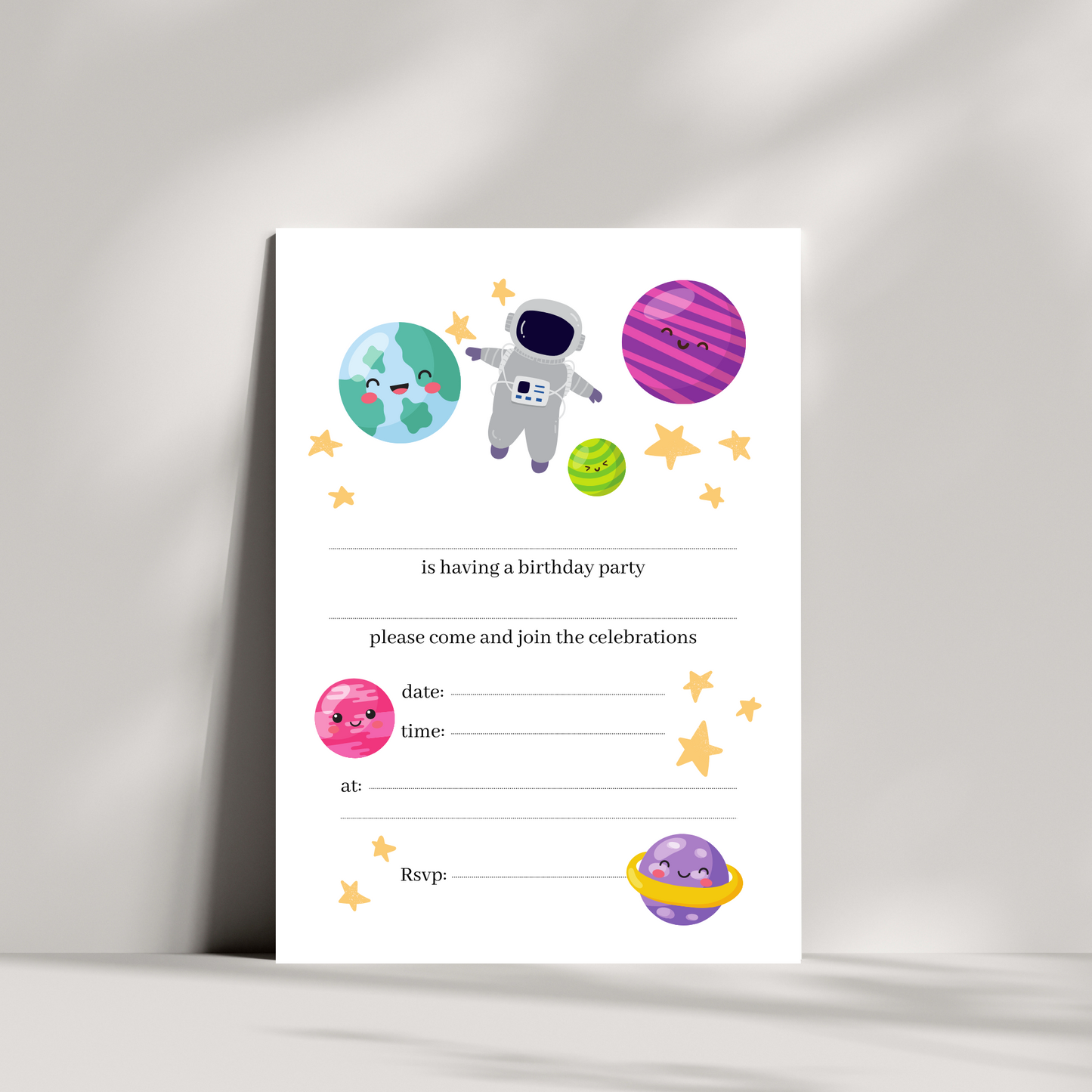 Kids space and planet party invitations
