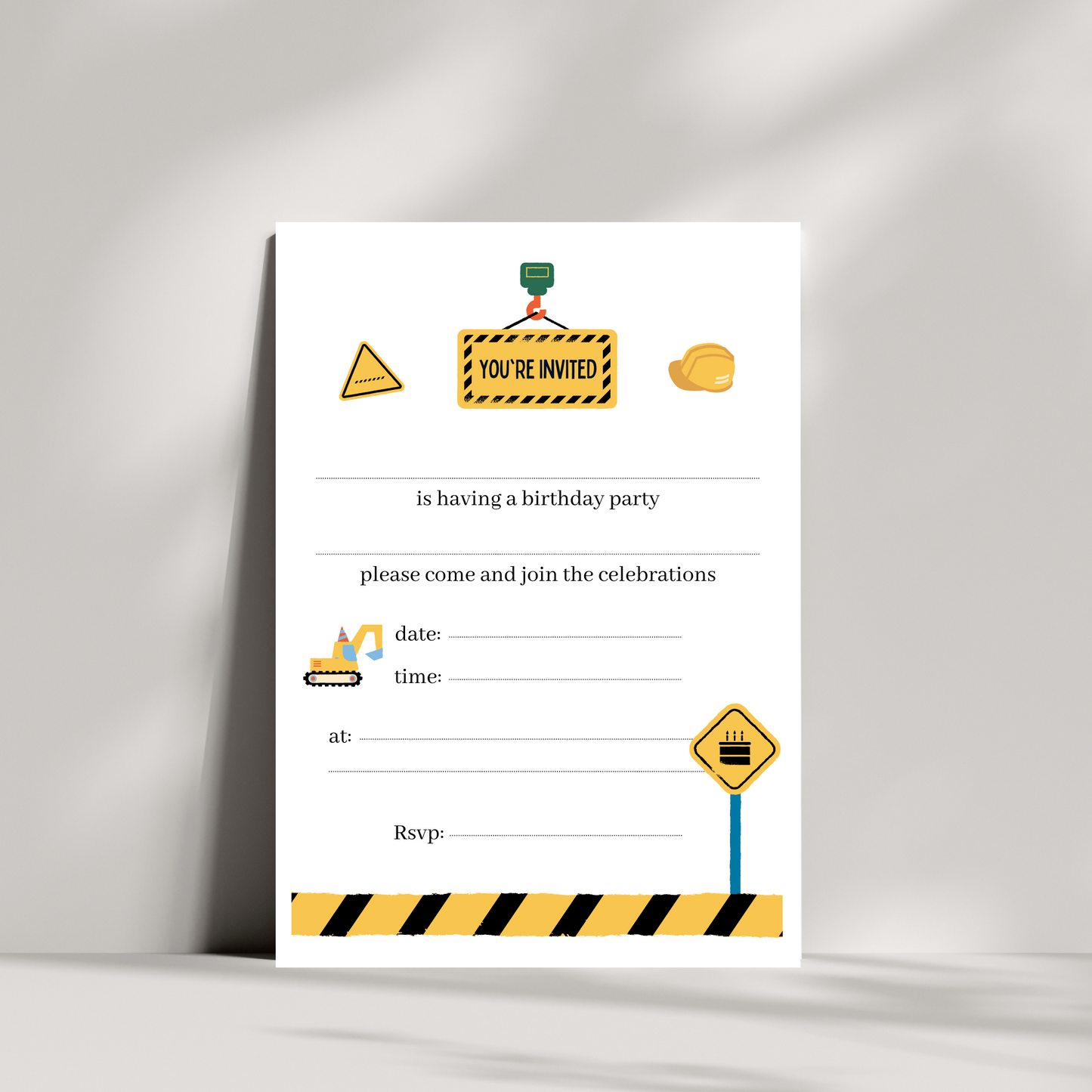 Kids construction party invitations