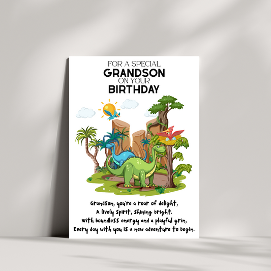 Grandson Birthday Card – Dinosaur Theme – “You’re a Roar of Delight” – Kids’ Birthday Greeting