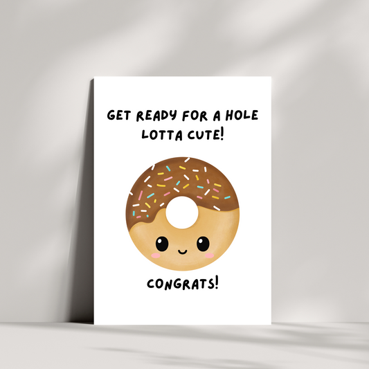 Cute New Baby Donut Card – “Get Ready for a Hole Lotta Cute!” – Funny Baby Congratulations Greeting