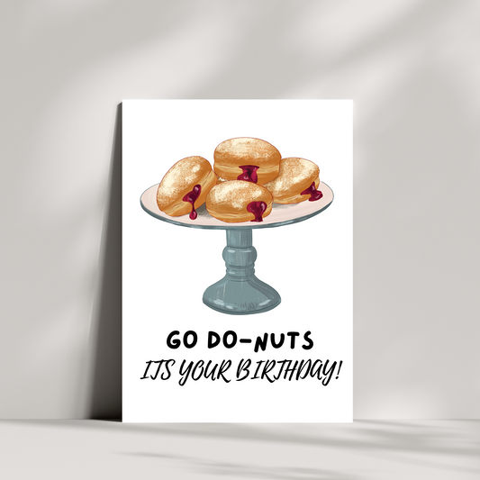 Funny Donut Birthday Card – “Go DO-NUTS” – Pun Birthday Card for Donut Lovers