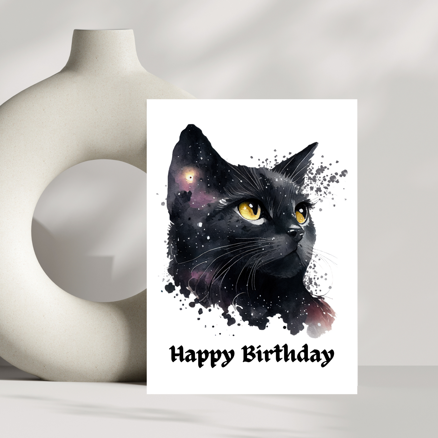 Mysterious black cat birthday card