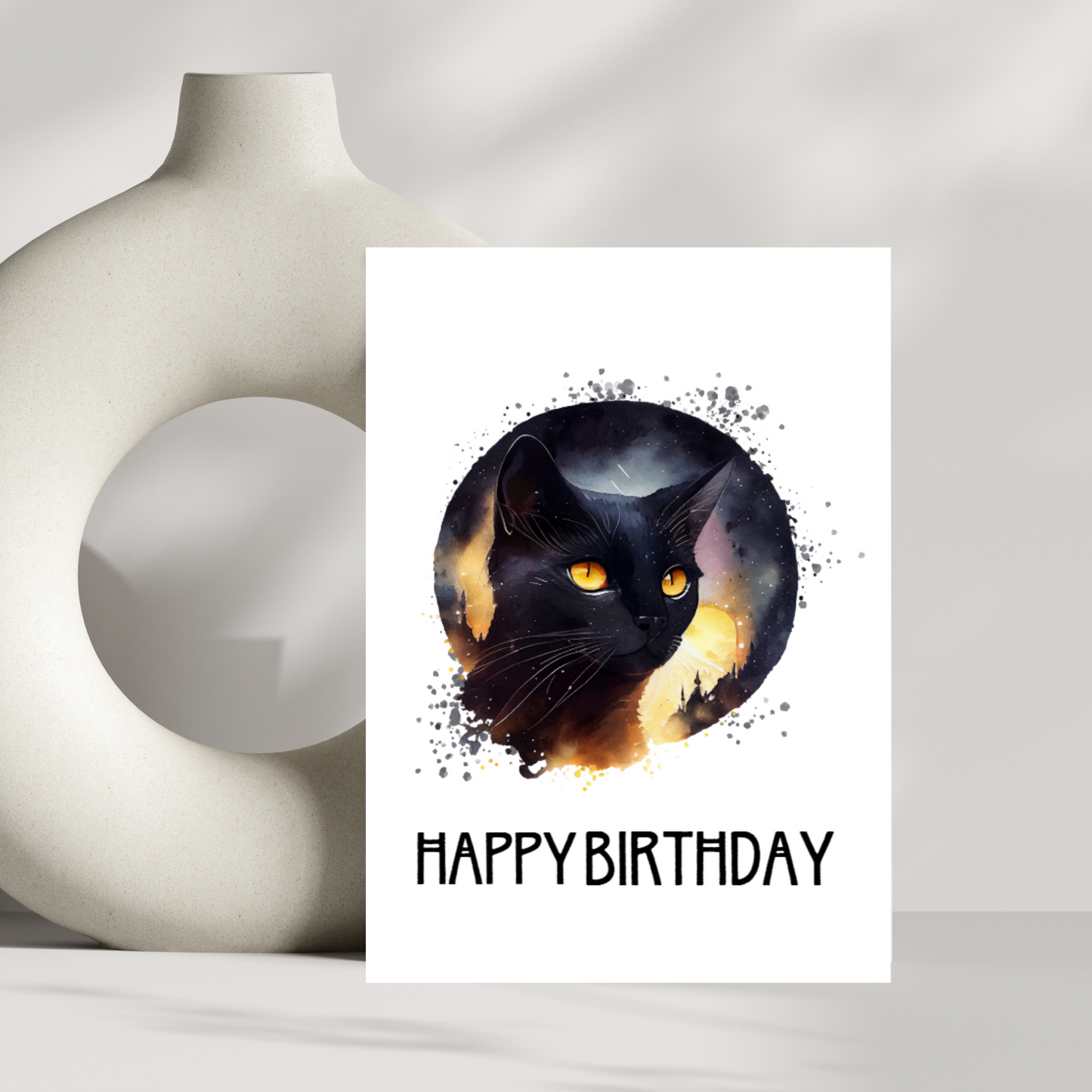 Celestial black cat and yellow moon birthday card