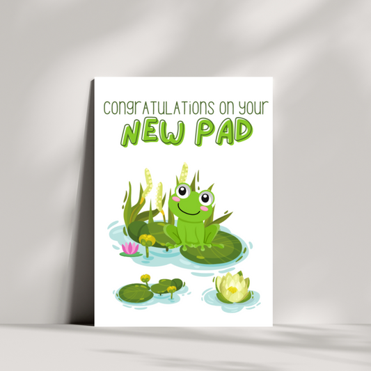 Congratulations on your new pad - frog perched on a lily pad - new home card