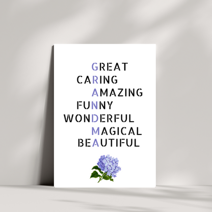 Great, Caring, Amazing, Funny, Wonderful, Magical, Beautiful Gradma scrabble-themed card