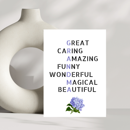 Great, Caring, Amazing, Funny, Wonderful, Magical, Beautiful Gradma scrabble-themed card