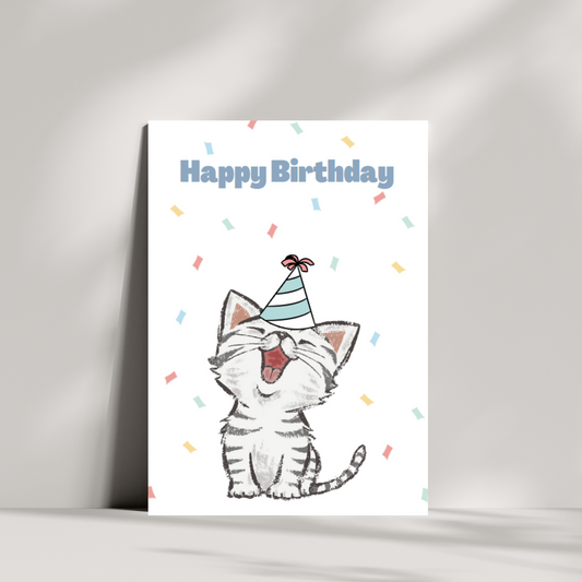 Cat wearing party hat birthday card