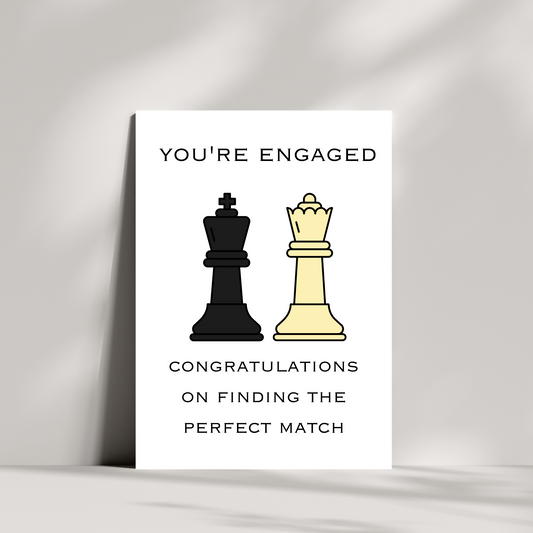 your engaged congratulations on finding your perfect match engagement card, chess players, three options: bride and groom, groom and groom, bride and bride