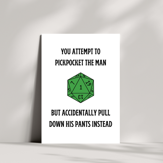 You attempt to pickpocket the man quote birthday card, D20 dice, birthday card, D&D inspired birthday card