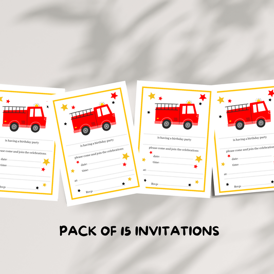 Pack of 15 kids fire engine party invitations
