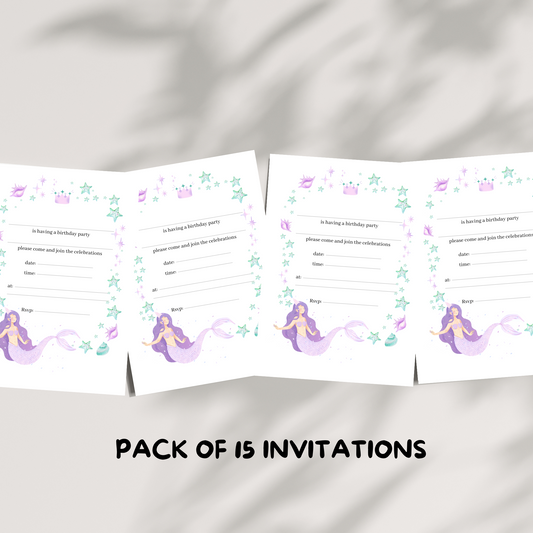 Pack of 15 kids mermaid party invitations