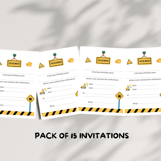 Pack of 15 kids construction party invitations