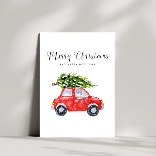 Merry Christmas and a happy new year Christmas card - car