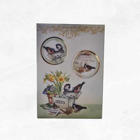 Gardening with birds birthday card