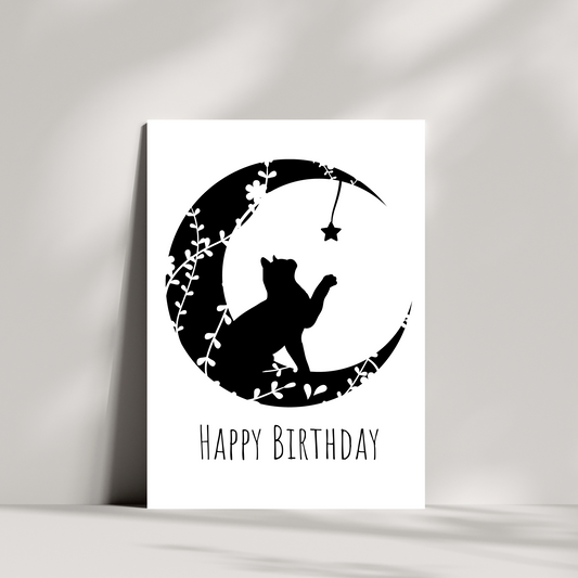 Cosmic cat birthday card - cat, stars and moon greeting cards