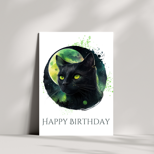 Black cat and mysterious green moon birthday card