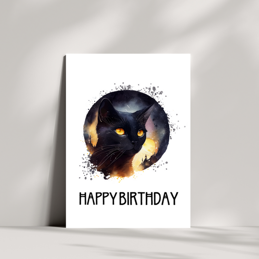 Celestial black cat and yellow moon birthday card