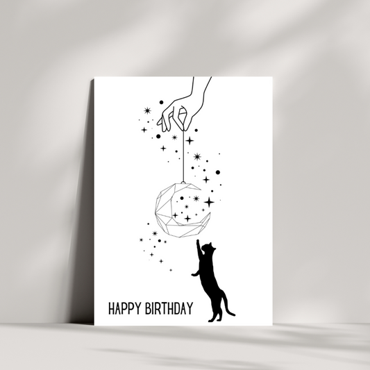 Celestial cat birthday card - hanging moon - birthday greetings card