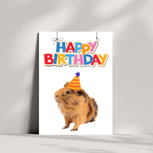 Guinea pig happy birthday card - guinea pig wearing party hat