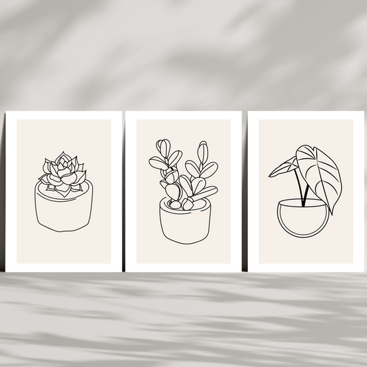 set of three minimalistic plant prints - line art